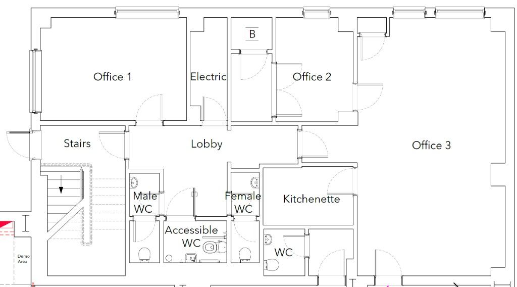 Office fit-out floor plan showing offices, lobby, demonstration area, kitchenette and services