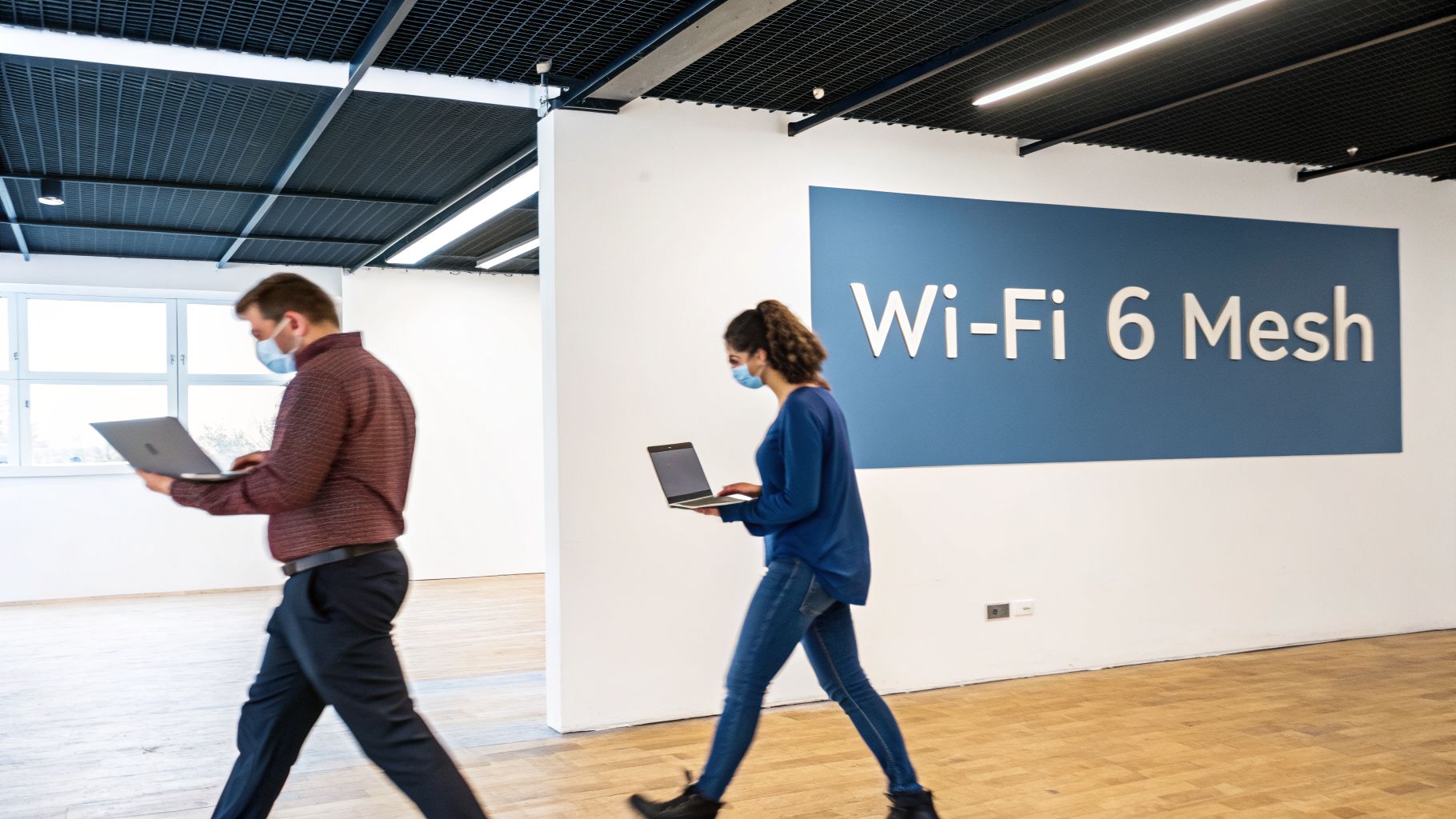 Two masked individuals walk with laptops past a prominent 'Wi-Fi 6 Mesh' sign in a modern office.
