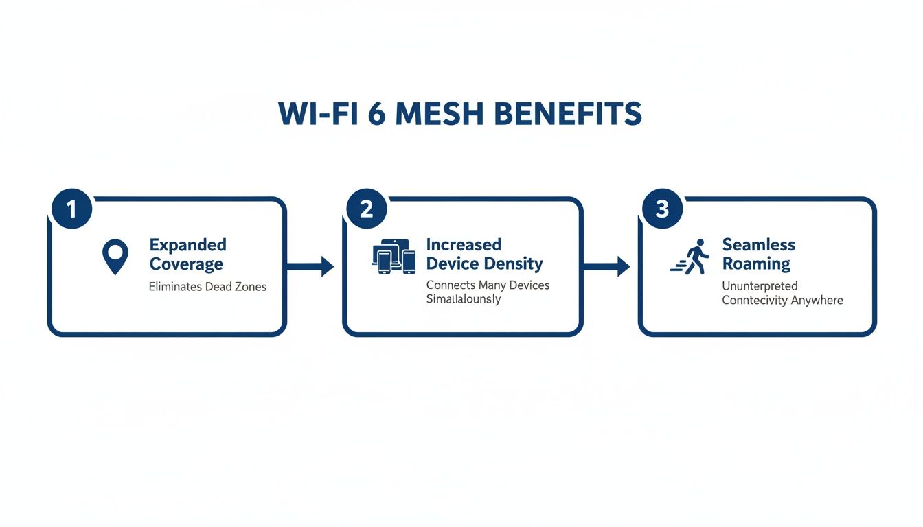Infographic detailing three key benefits of Wi-Fi 6 Mesh: expanded coverage, increased device density, and seamless roaming.
