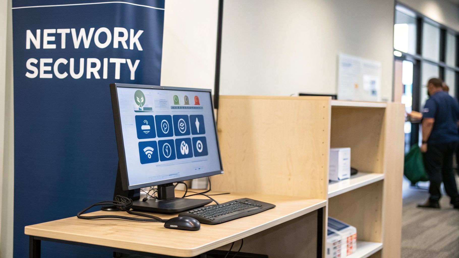 A computer monitor displays network security icons, with a keyboard and mouse on a wooden desk.