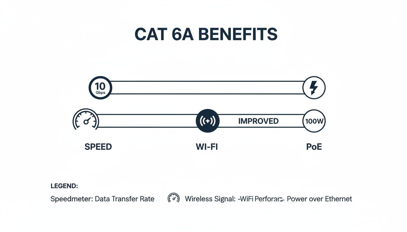 Infographic showing CAT 6A cable benefits: 10 Gbps speed, improved Wi-Fi, and 100W PoE.