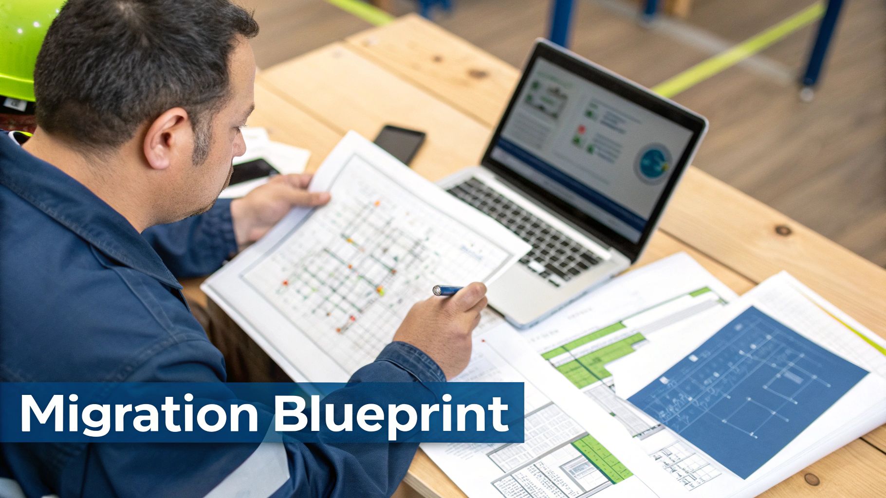 A man in a blue uniform reviews migration blueprints and data on a laptop and paper.