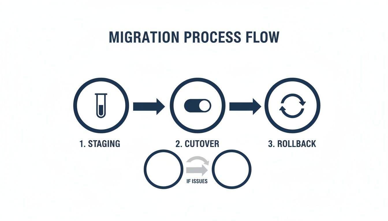 Migration process flow diagram illustrating three main steps: staging, cutover, and rollback, with conditional rollback for issues.