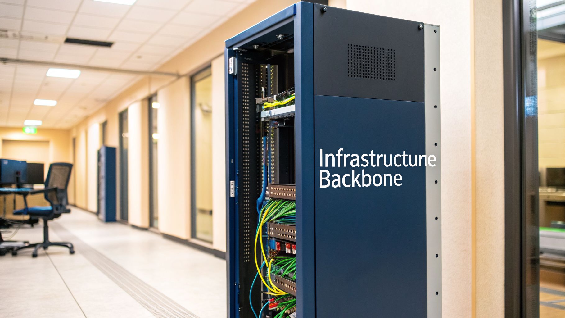 A blue server rack labeled "Infrastructure Backbone" with colorful network cables inside, in an office corridor.