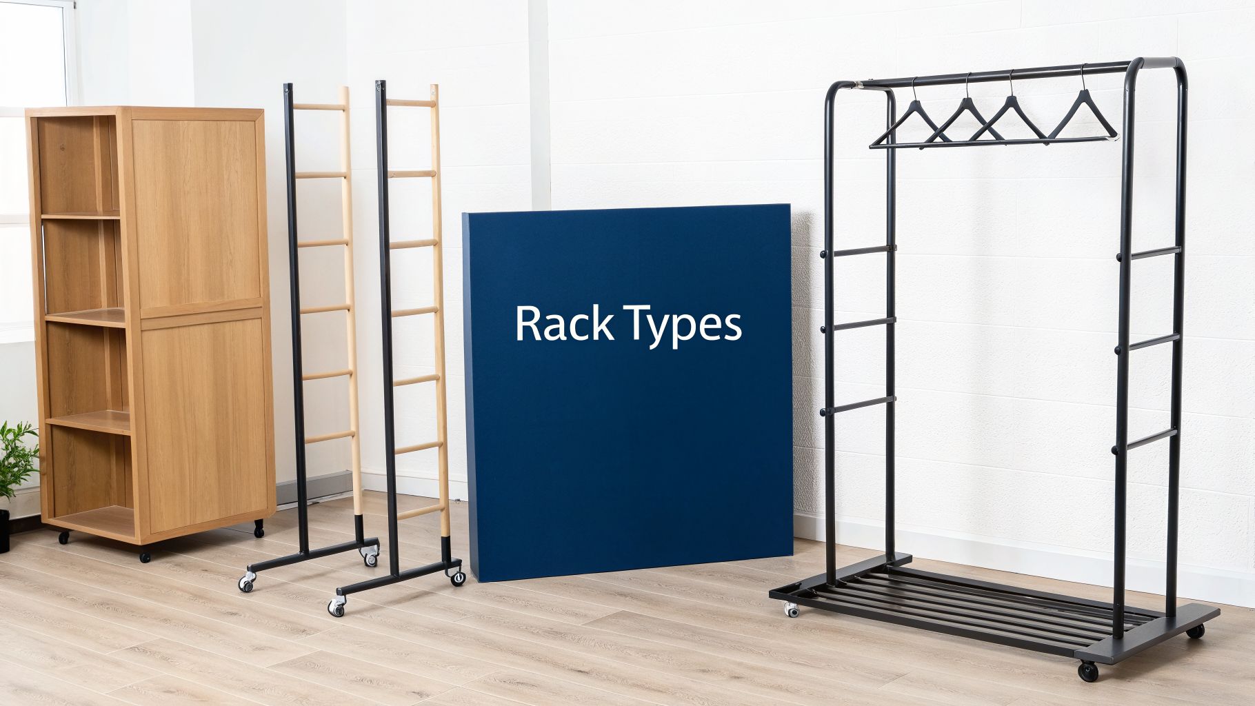 A diverse display of movable racks, including a wooden bookshelf, ladder racks, and a metal clothing rack with hangers.