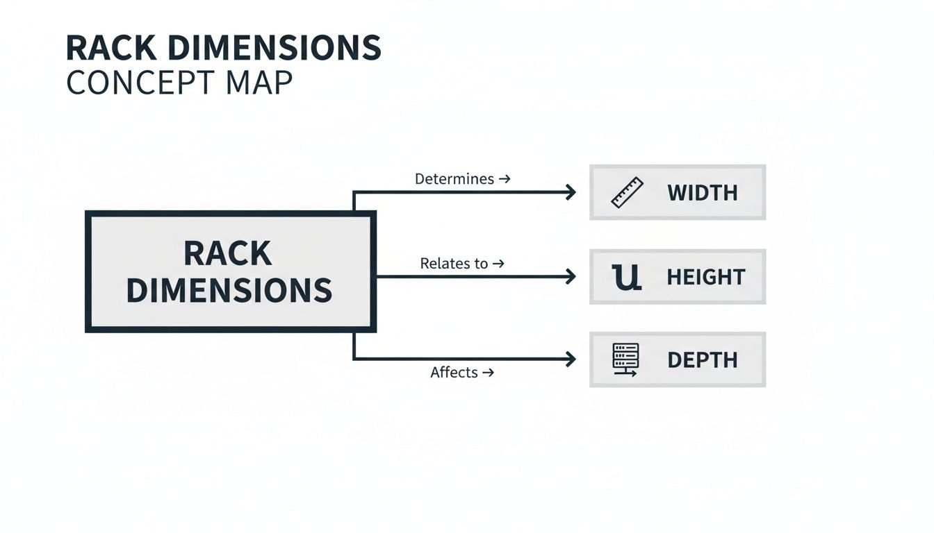 A concept map illustrating rack dimensions, showing its relation to width, height, and depth.