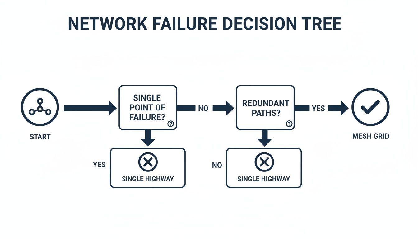 Decision tree flowchart for network failure analysis, determining topology based on single points and redundant paths.