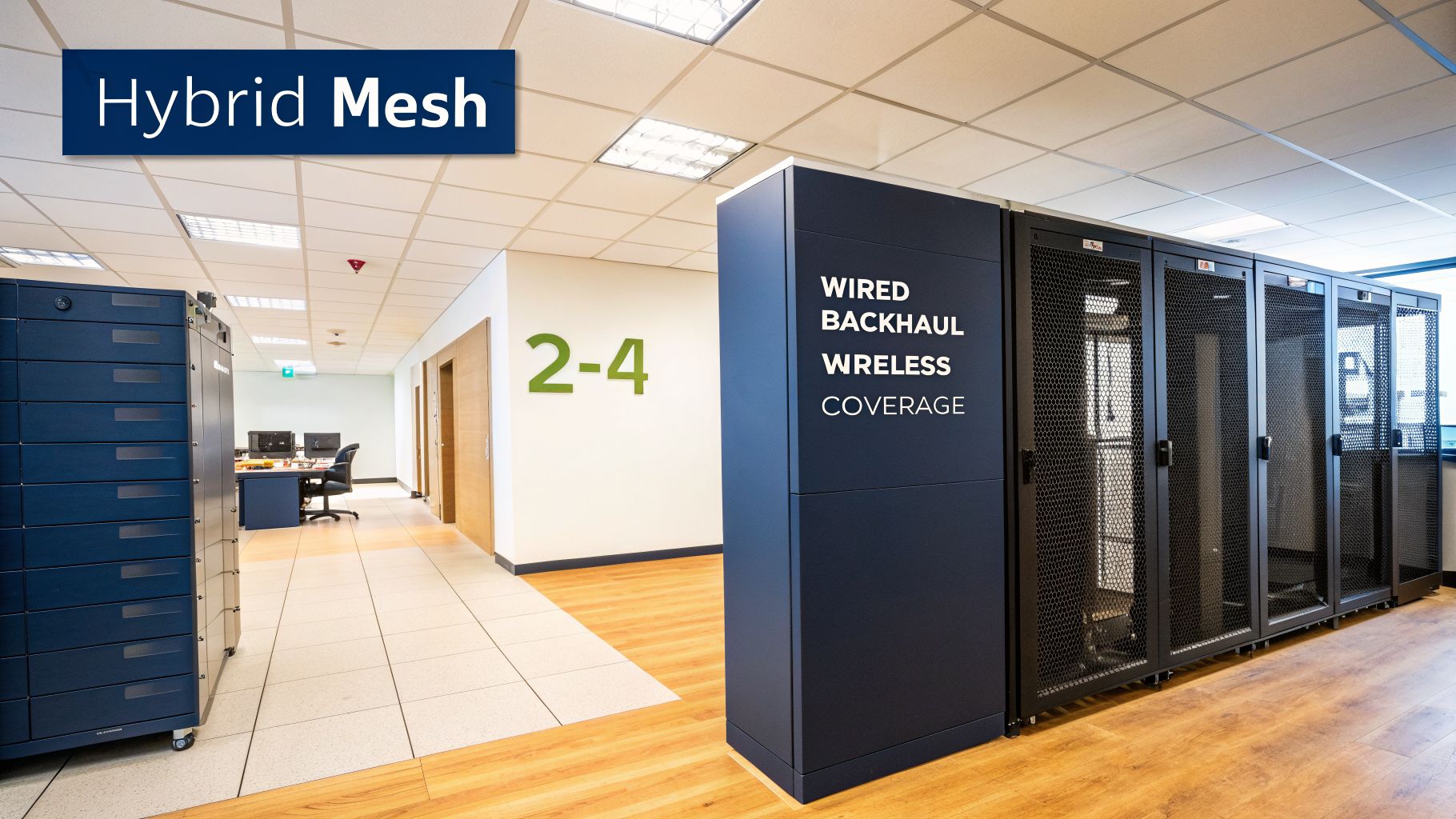 A modern data center or office with server racks, a desk, and a sign detailing network coverage for a Hybrid Mesh.