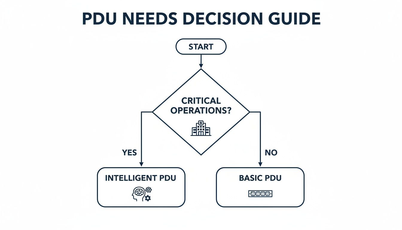 Flowchart for PDU needs, guiding selection between intelligent and basic PDU based on critical operations.