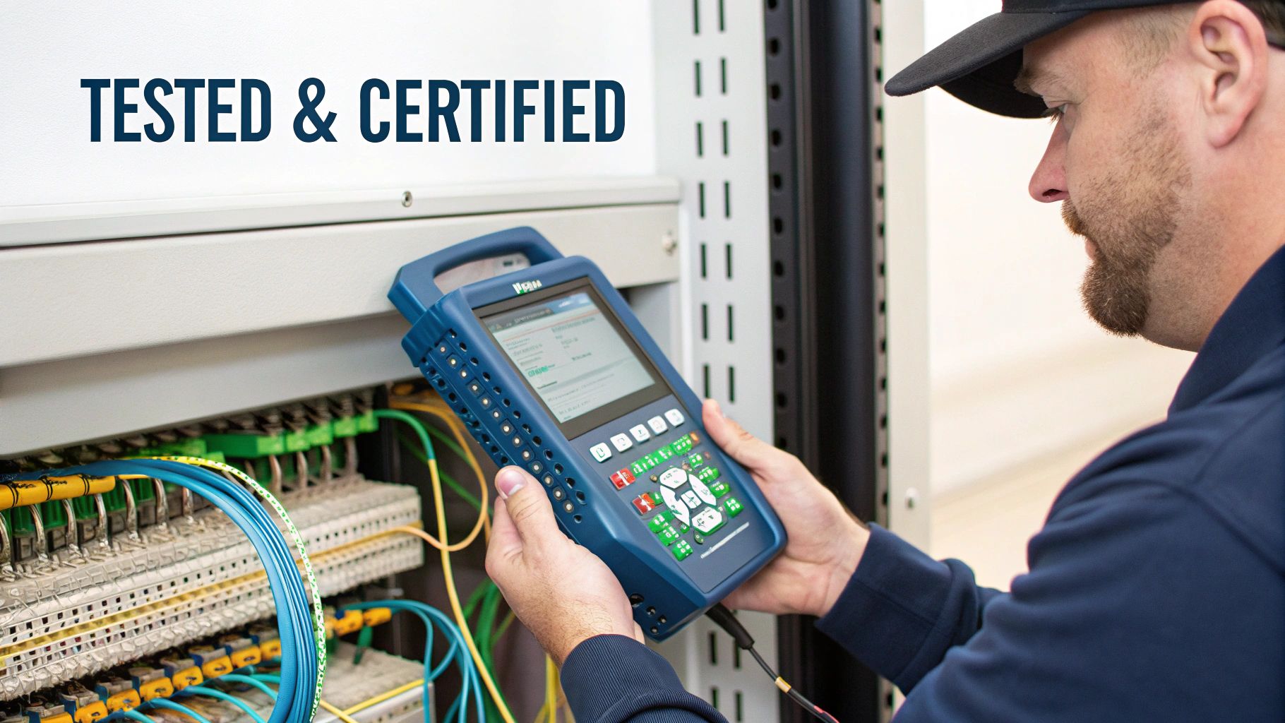 A technician tests fibre optic cables in a network cabinet with a handheld device, ensuring certified performance.
