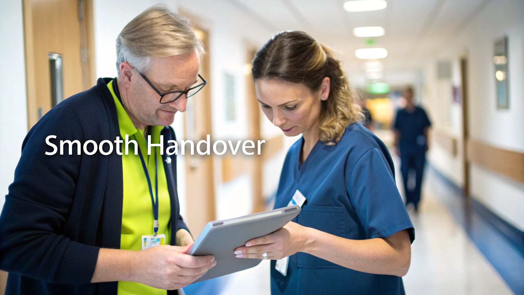 Healthcare staff collaborate on a digital tablet in a bright hospital hallway, symbolizing a smooth handover.