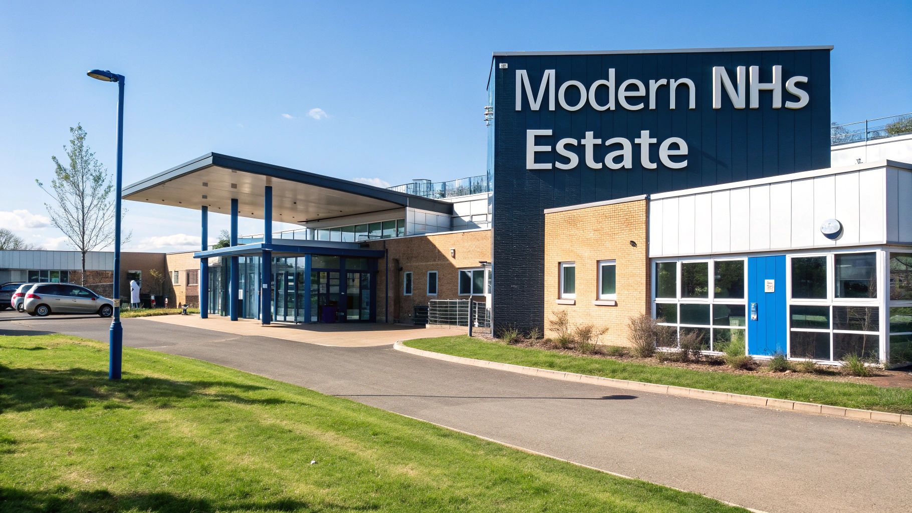 Exterior view of a modern NHS facility with a blue facade and large windows under a clear sky.