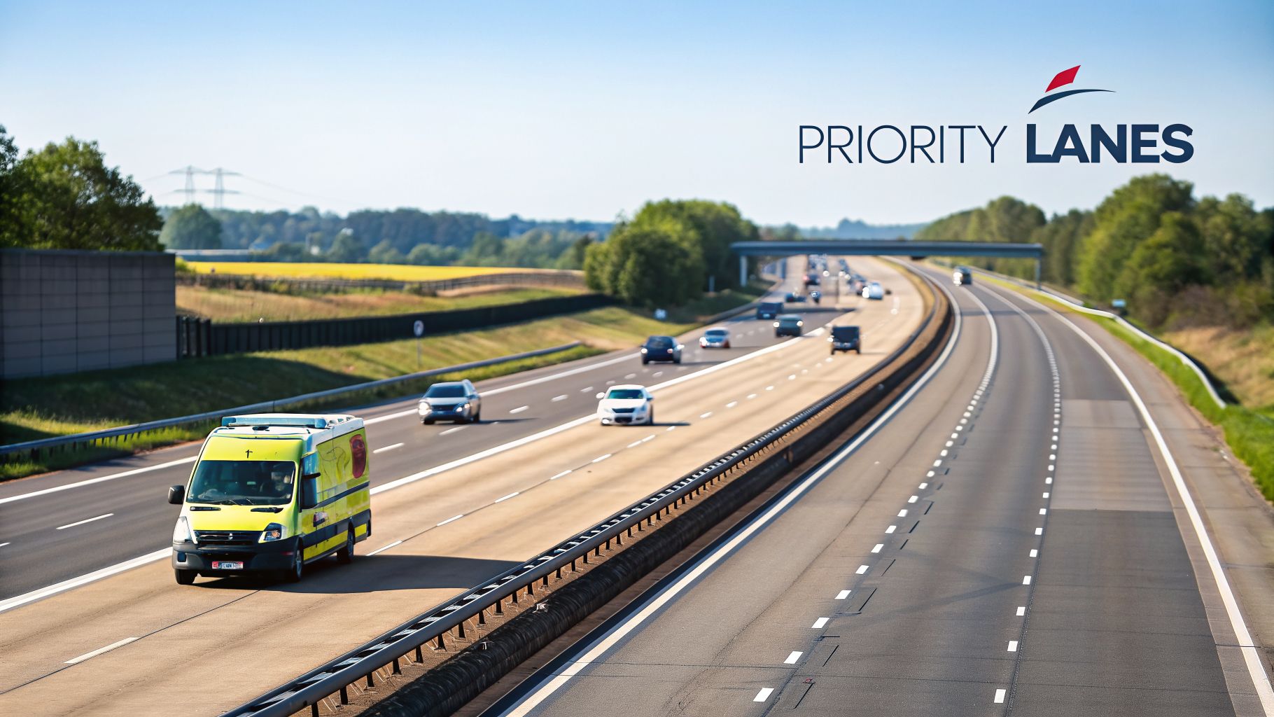 An ambulance drives on a multi-lane highway, with cars and the 'PRIORITY LANES' logo displayed.