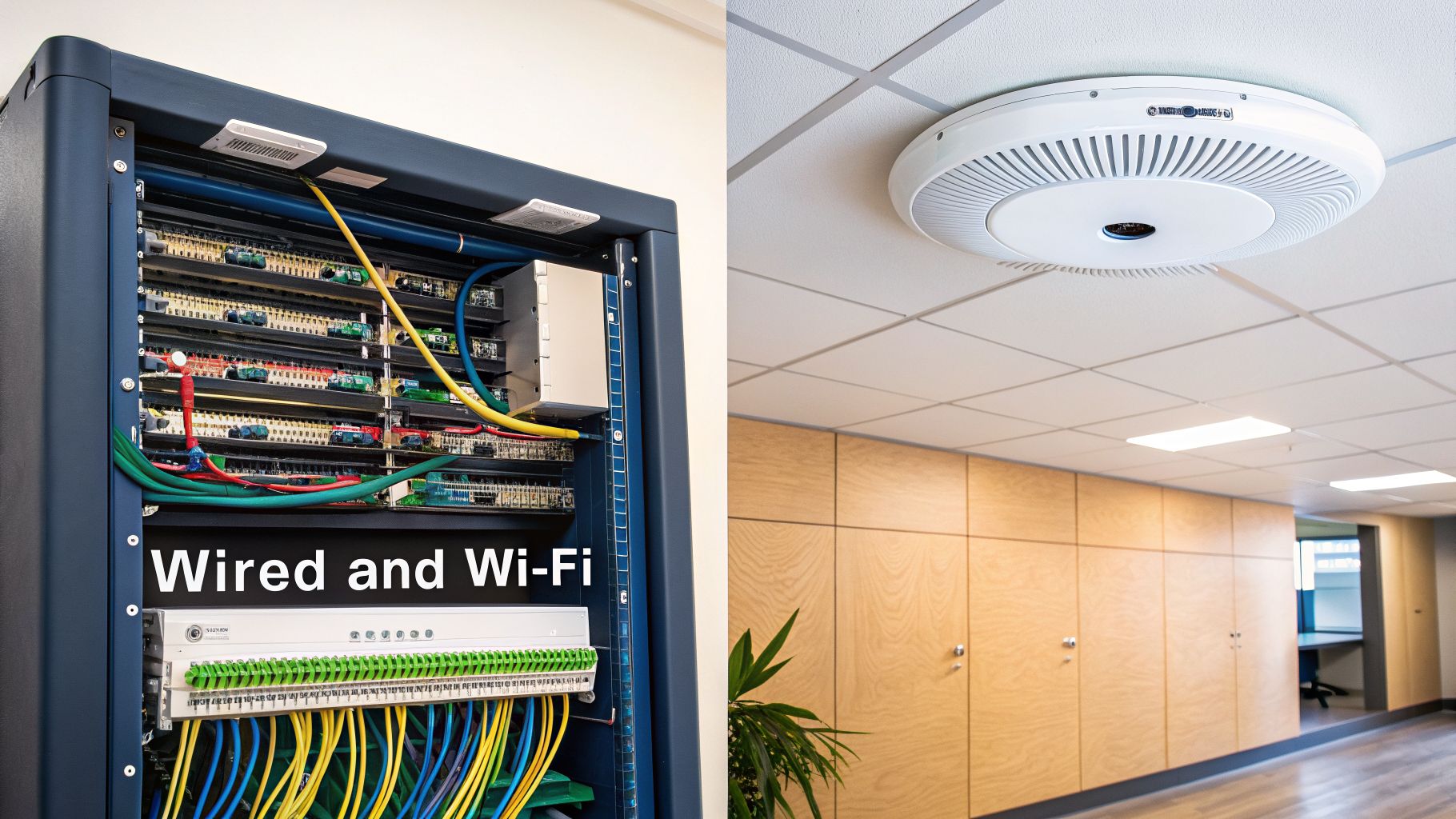 A server rack with wired network connections and a ceiling-mounted Wi-Fi access point in an office.