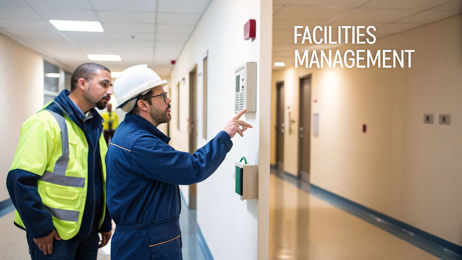 Two facilities management professionals, one in a hard hat, inspecting a control panel in a hallway.