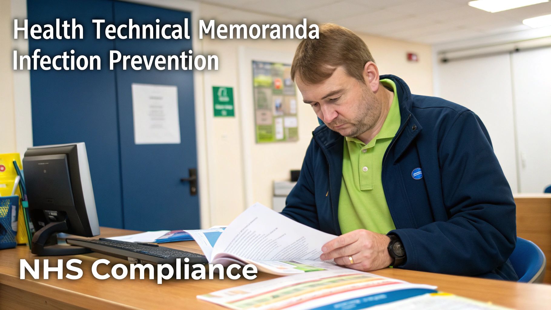 Man reviewing Health Technical Memoranda for NHS infection prevention compliance in an office.