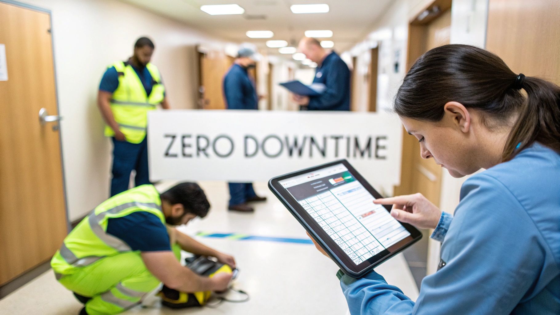 A woman manages operations on a tablet as workers ensure zero downtime in a maintenance hallway.