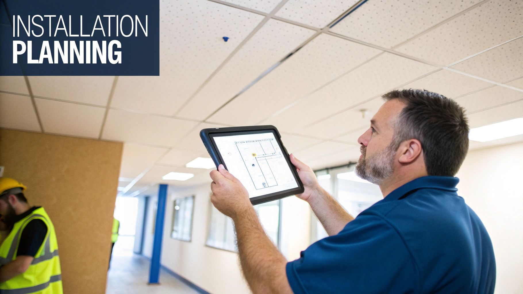 A man holds a tablet displaying a floor plan, looking up at a ceiling for installation planning.