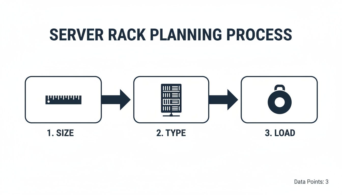 An infographic detailing the server rack planning process, outlining steps for size, type, and load considerations.