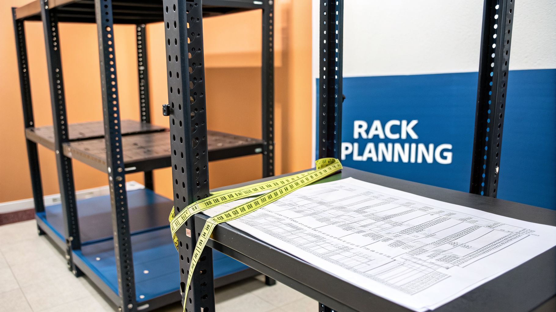 Empty black metal shelving units, a yellow measuring tape, and documents for rack planning.