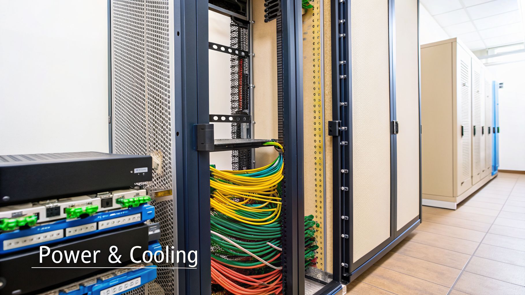 Close-up of colorful network cables neatly arranged inside an open server rack in a data center, highlighting power and cooling.