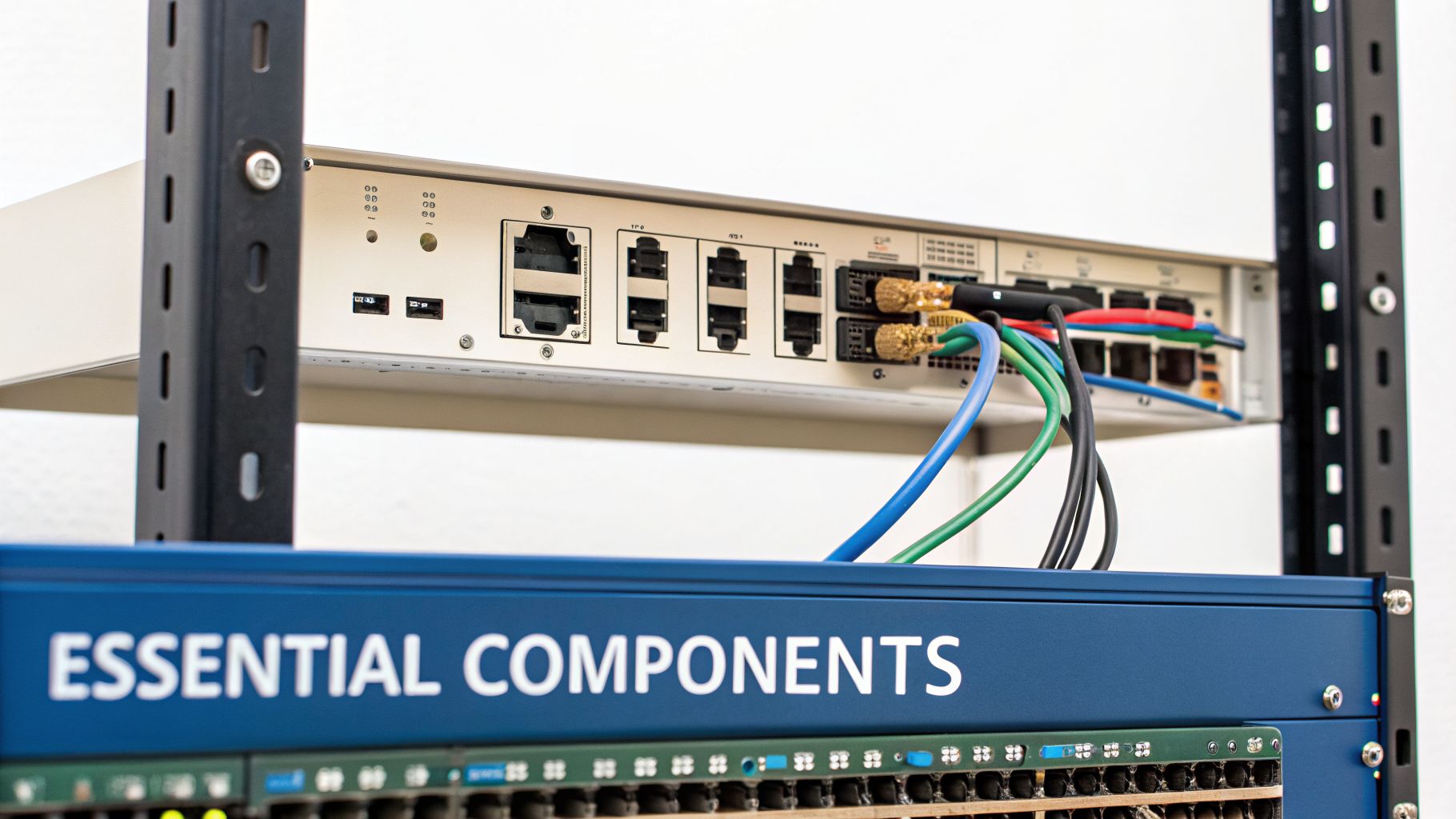 Network equipment, including a device labeled 'Essential Components,' with colorful cables in a server rack.