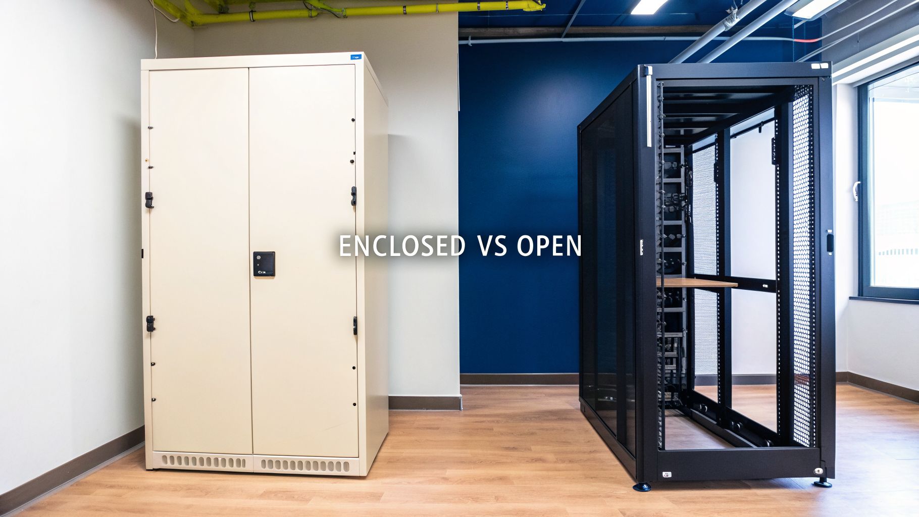 Two server racks, an enclosed cream cabinet and an open black rack, demonstrating designs.
