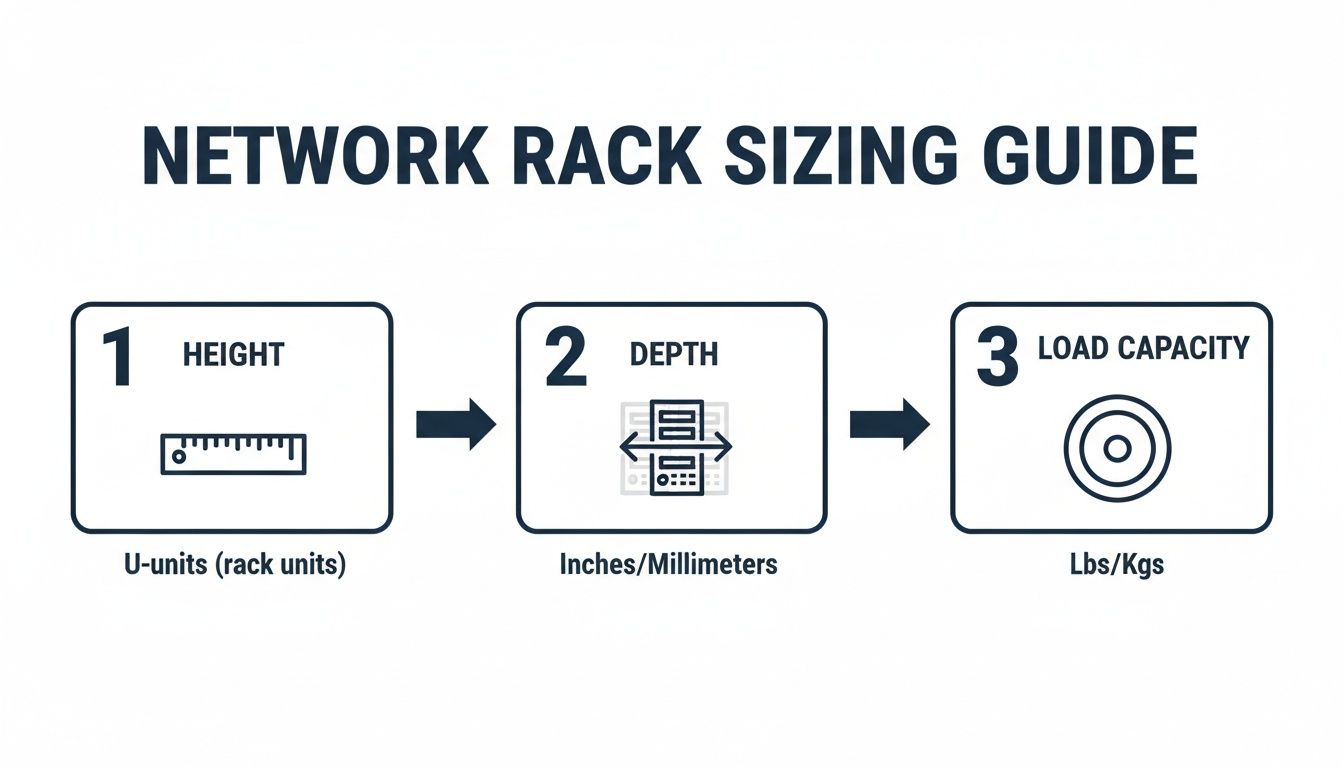 A network rack sizing guide illustrating height, depth, and load capacity measurements with icons.