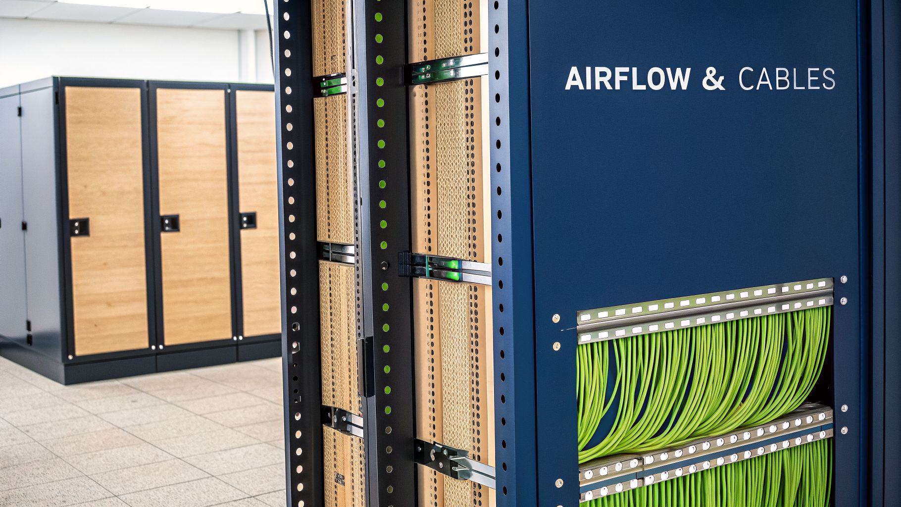 Modern data center rack with neatly organized green cables and 'AIRFLOW & CABLES' branding.