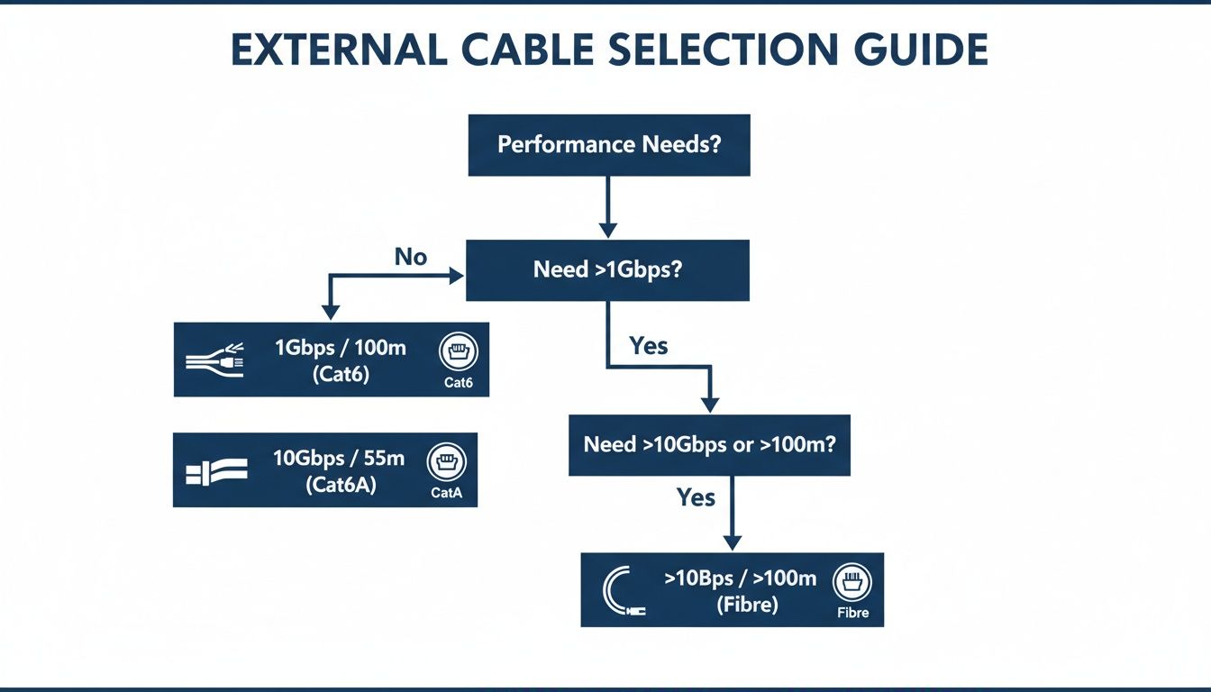 External cable selection guide flowchart. Compares Cat6, Cat6A, and Fibre based on speed and distance.