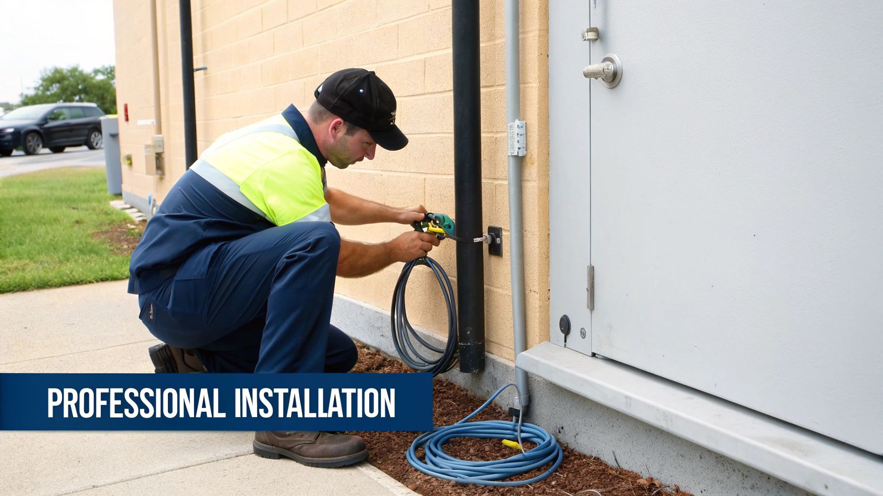 A technician in a safety vest professionally installing outdoor cables on the exterior of a building.