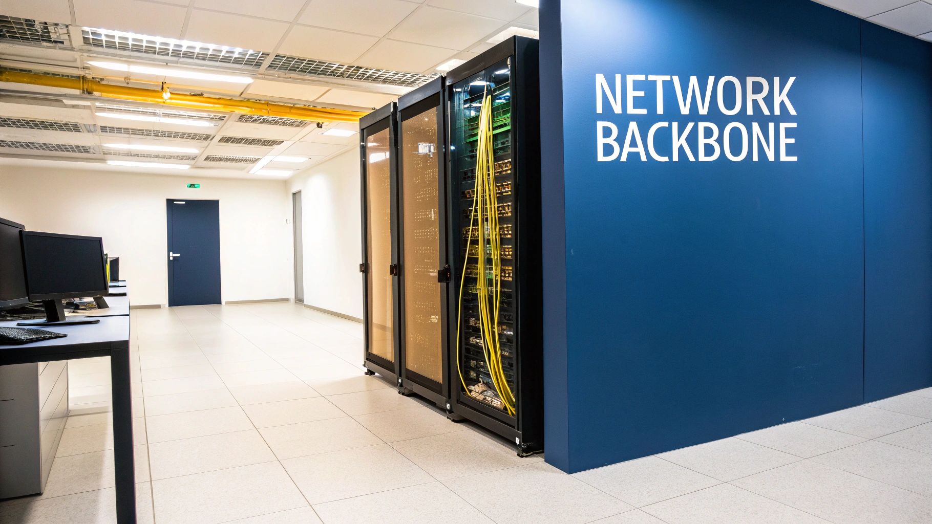 Modern data center with network backbone server racks, visible fibre optic cabling, and workstations.