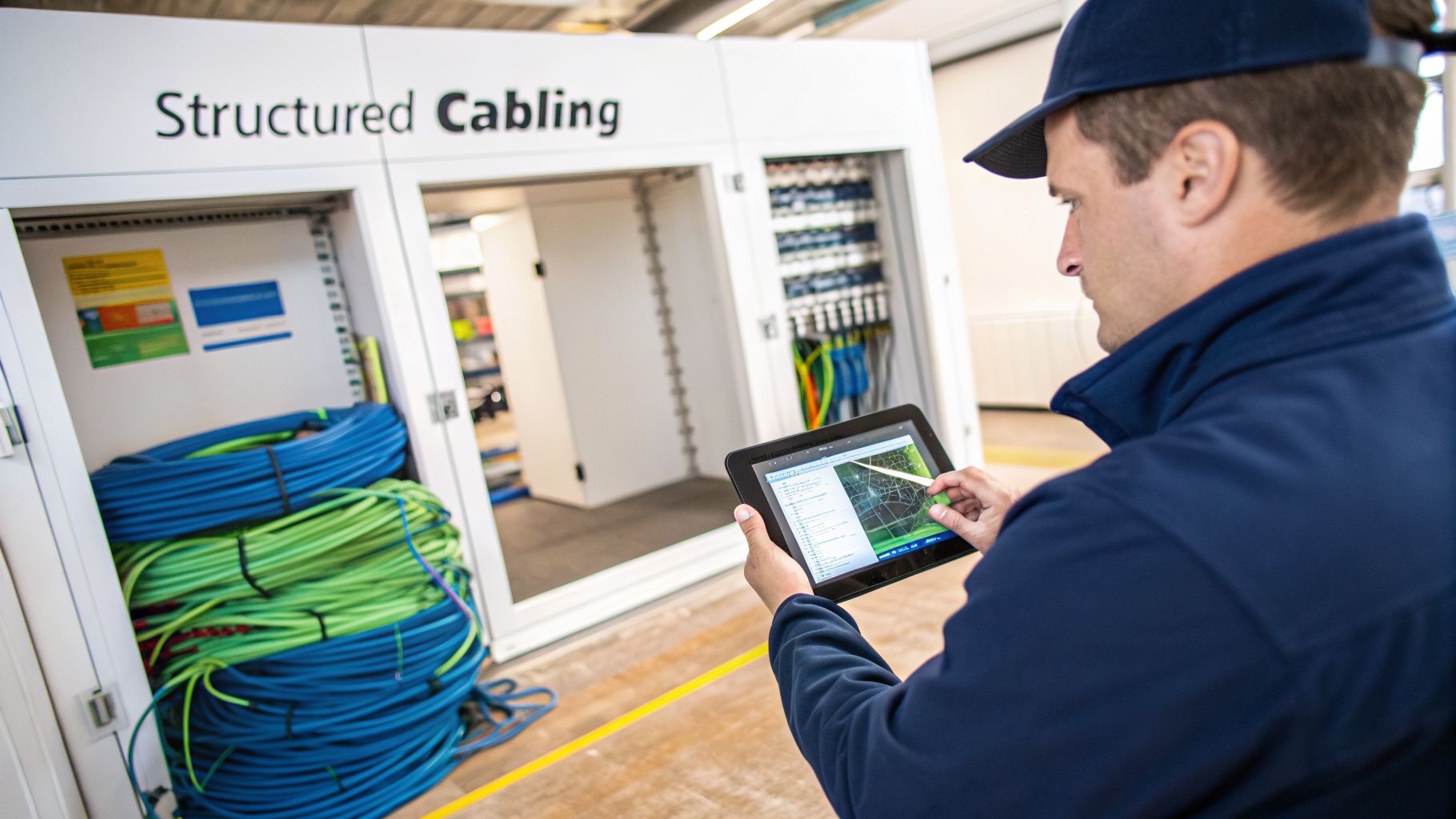 Man in a blue cap uses a tablet to manage structured cabling with blue and green wires.