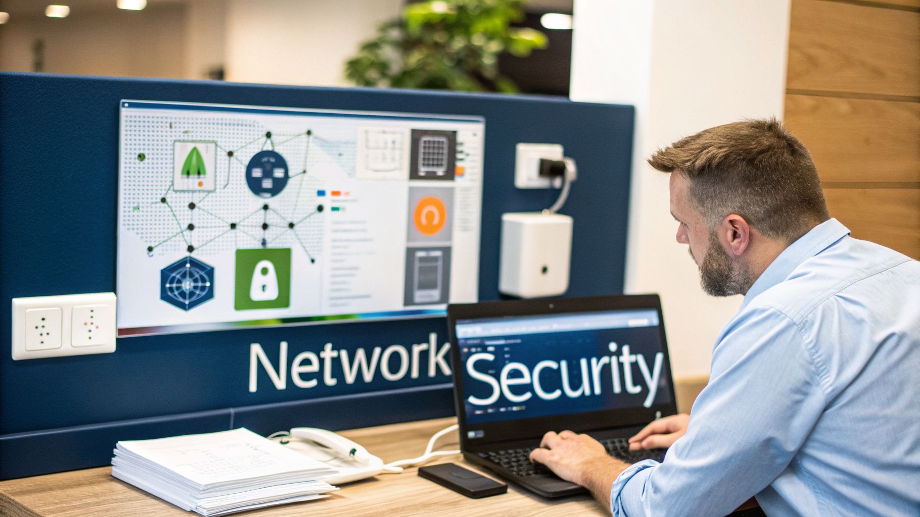 A man with a beard types on a laptop displaying "Network Security," with another monitor showing network diagrams behind him.