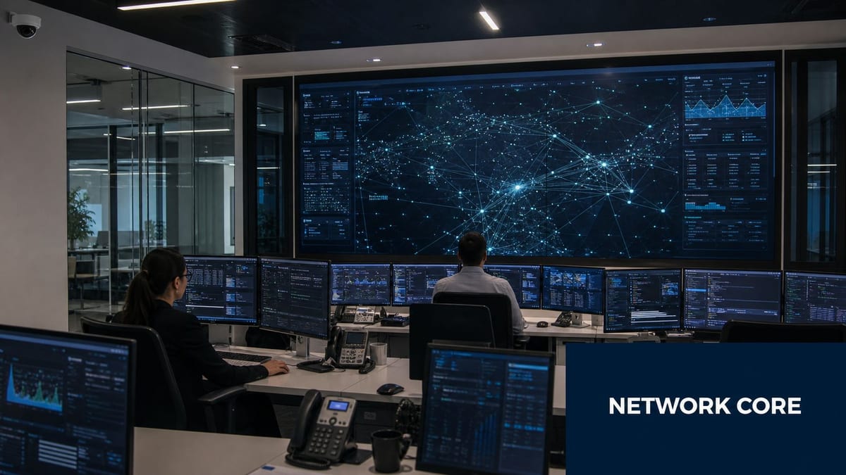 Professionals monitoring network traffic on multiple computer screens and a large display in a modern security center.