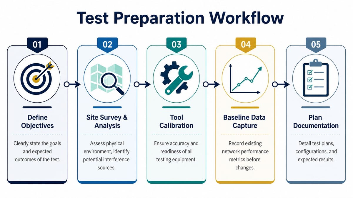 A five-step flowchart illustrating the professional workflow for network test preparation and system analysis.