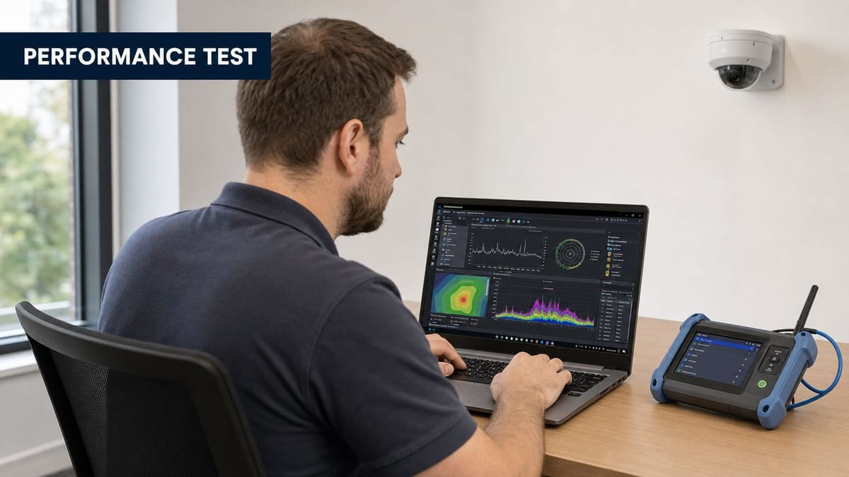 A technician performing a wireless performance test using a laptop and network analyzer device.