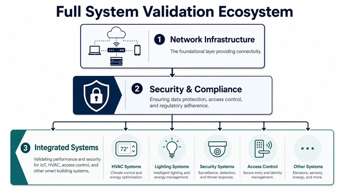 A diagram illustrating a full system validation ecosystem for smart buildings involving connectivity, security, and integrated systems.