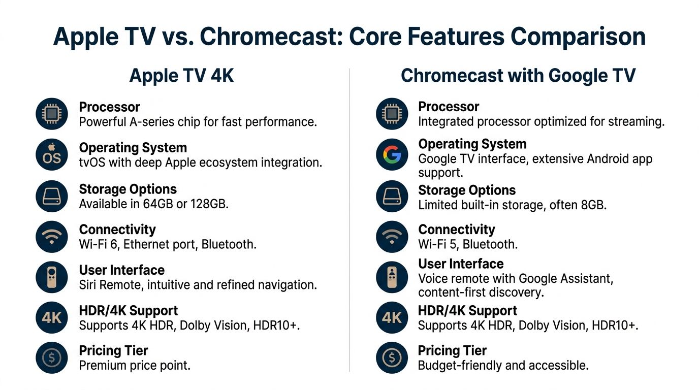 A comparison chart outlining the core technical specifications and features of Apple TV 4K versus Chromecast with Google TV.