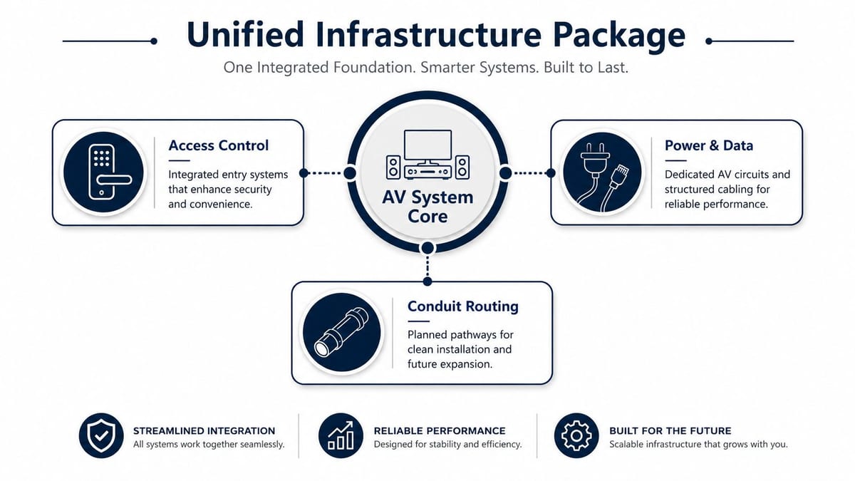 A diagram illustrating the components of a Unified Infrastructure Package for integrated audio visual system installation.