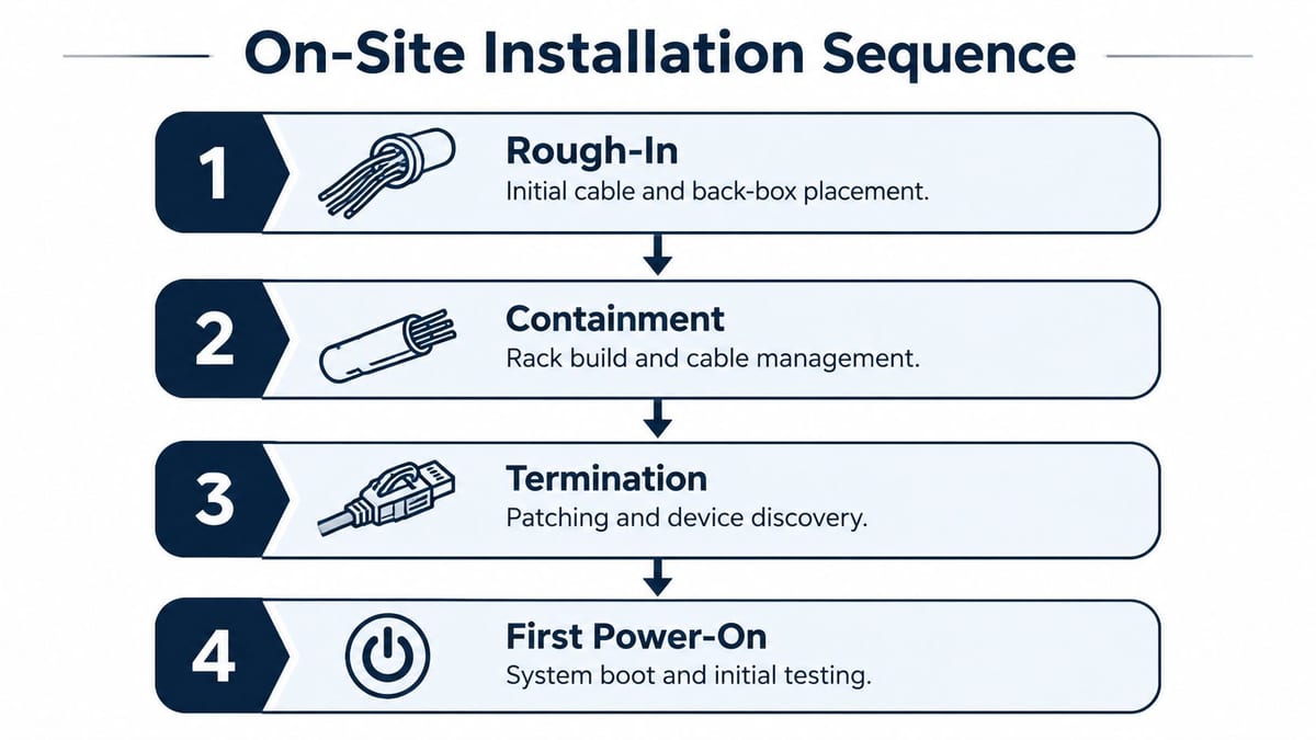 A four-step infographic illustrating the professional on-site installation sequence for audio visual systems and cable infrastructure.