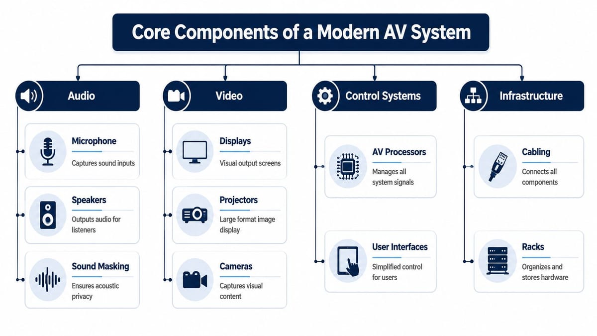 A comprehensive flowchart illustrating the four core components of a modern audio visual system for professional environments.