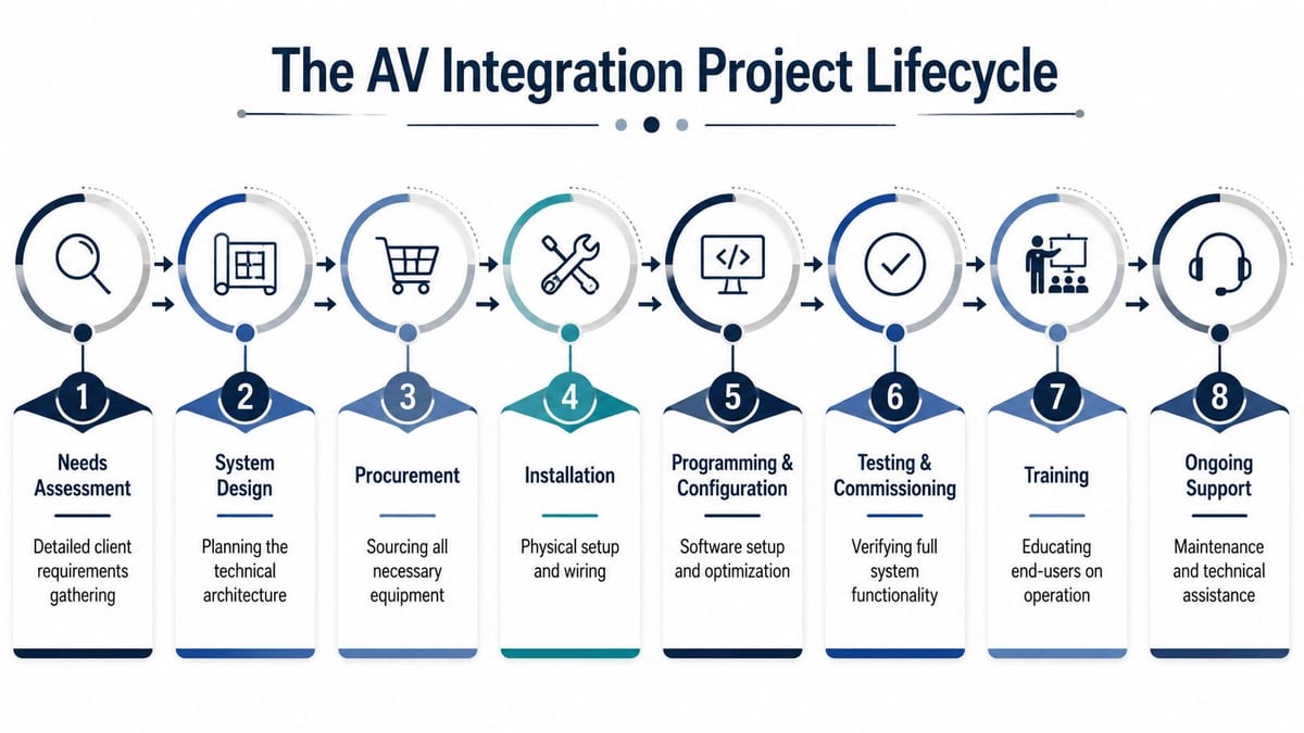 An infographic showing the eight steps of an audio visual system integration project lifecycle.