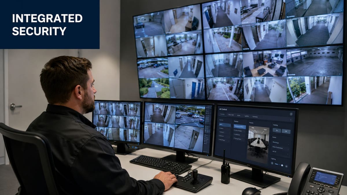 A security professional monitoring multiple surveillance screens and AV control systems in a modern command center.