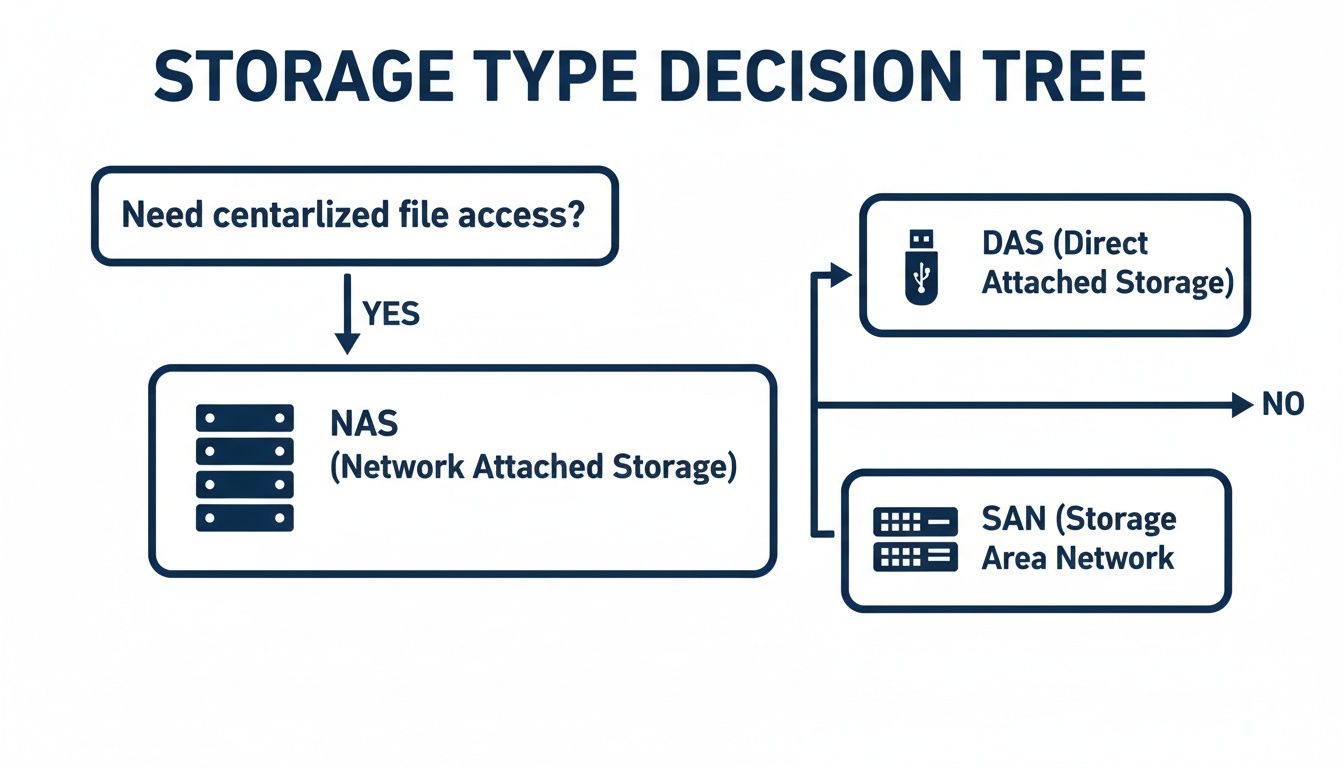 A decision tree flowchart illustrates storage types: NAS for centralized file access, and DAS or SAN otherwise.