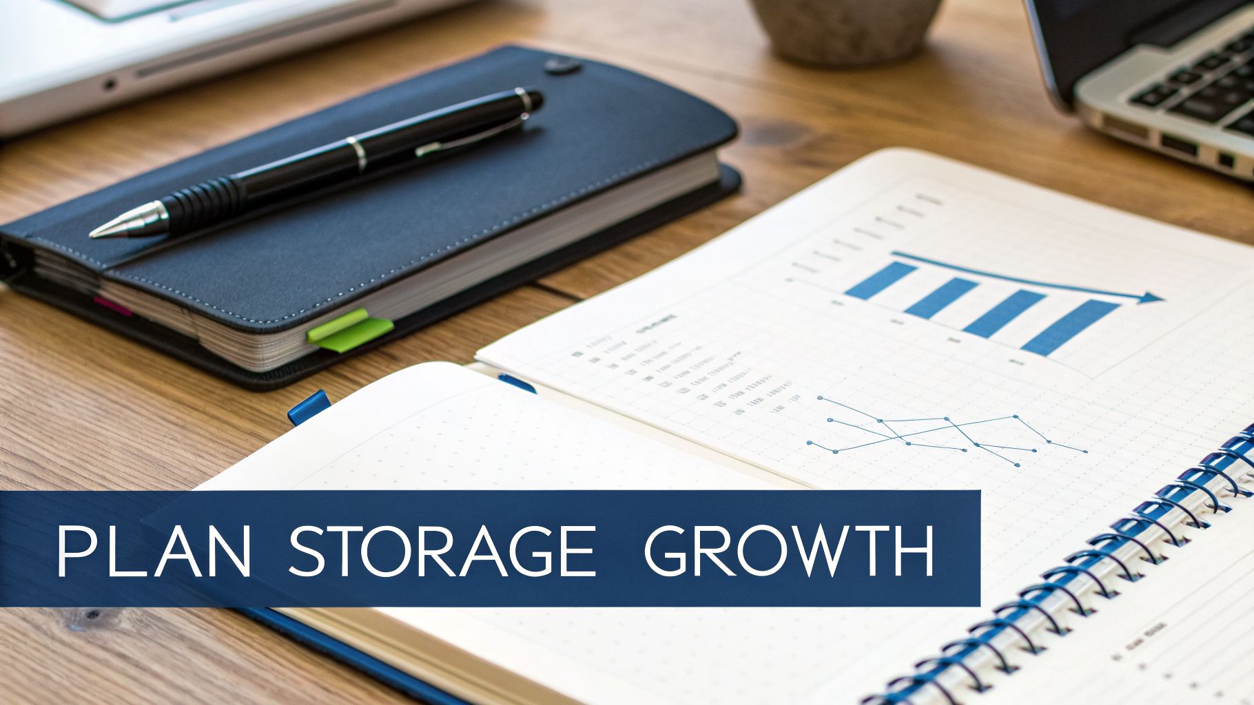 A desk setup with an open notebook showing charts and graphs, a pen, and a laptop, featuring 'PLAN STORAGE GROWTH' text.
