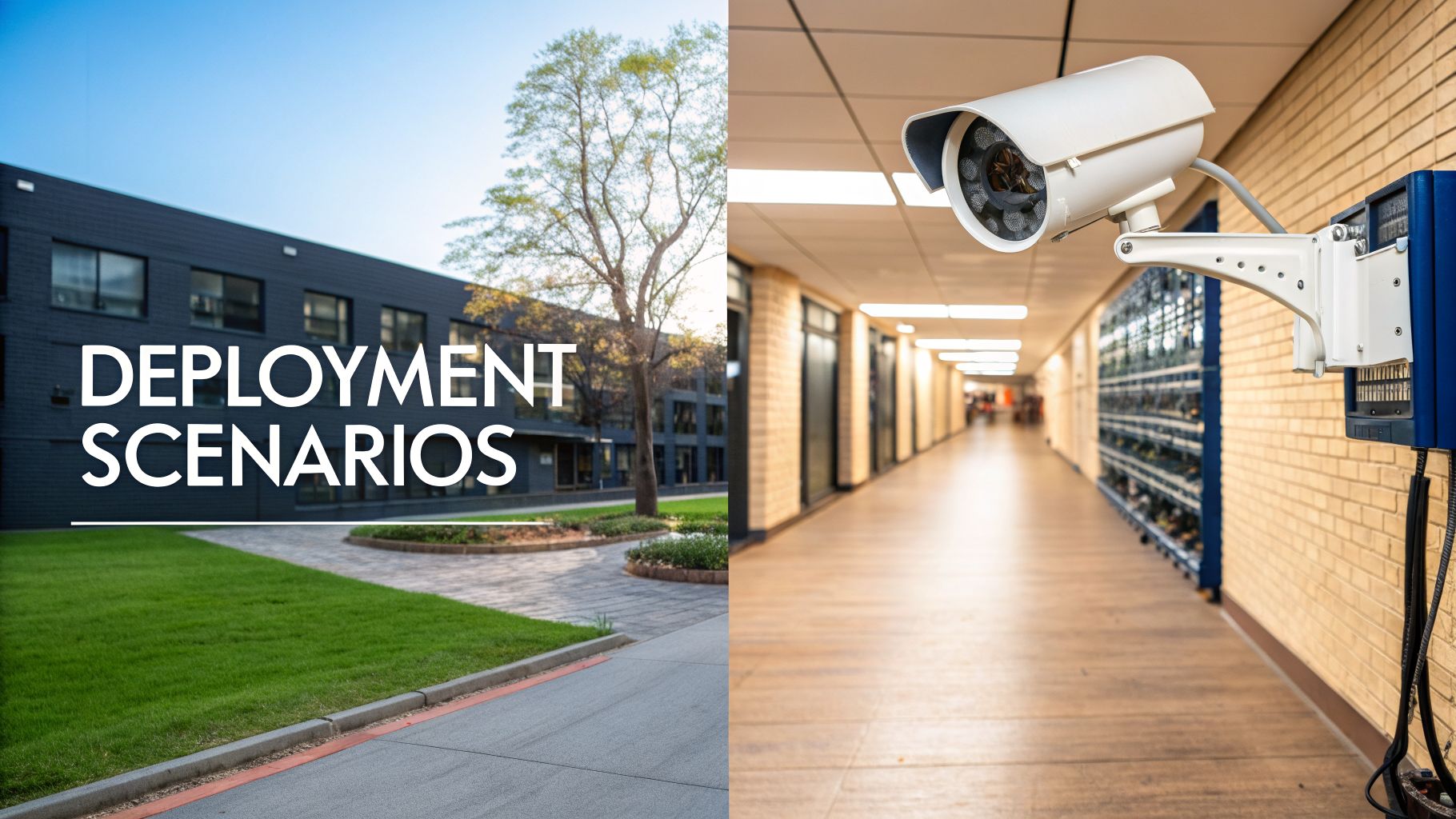 Split image showing a modern building outdoors and an indoor hallway with a security camera.