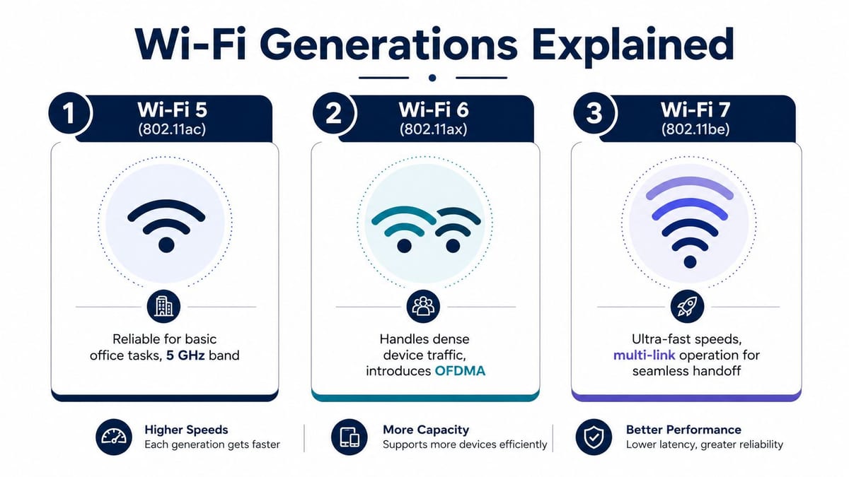 An infographic comparing features and advancements of Wi-Fi 5, Wi-Fi 6, and Wi-Fi 7 technologies.