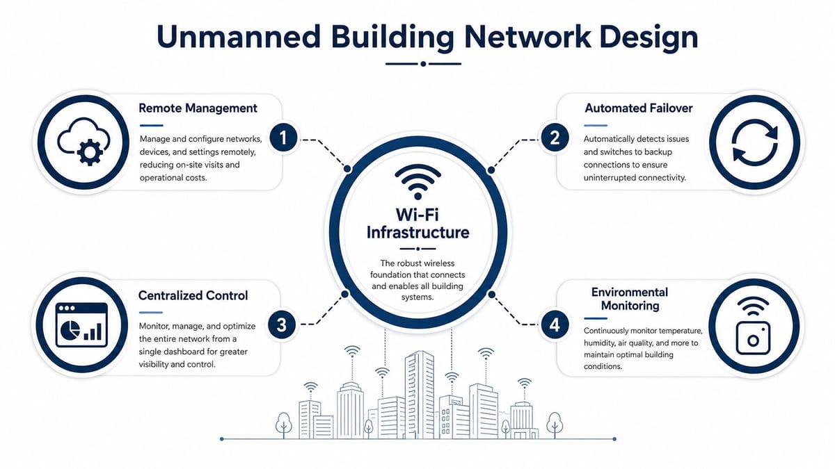 A diagram illustrating the four key components of an unmanned building network design using Wi-Fi infrastructure.