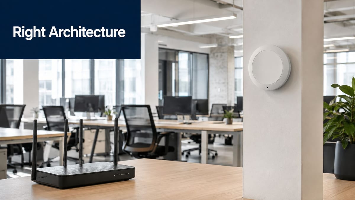 A black wireless router sits on a wooden office desk next to a mounted wall access point.